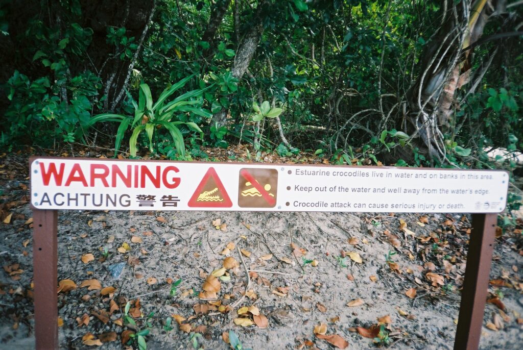 Warning sign: Estaurine crocodiles live in water and on banks in this area. Keep out of the water and well away from the water's edge. Crocodile attack can cause serious injury or death.
Maybe not the best place to explore.