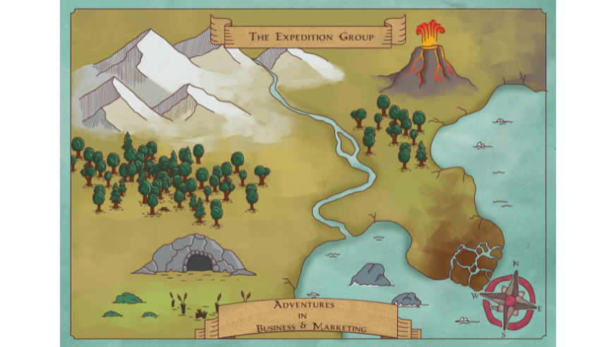 Map of various landscapes to represent adventures in business and marketing.
